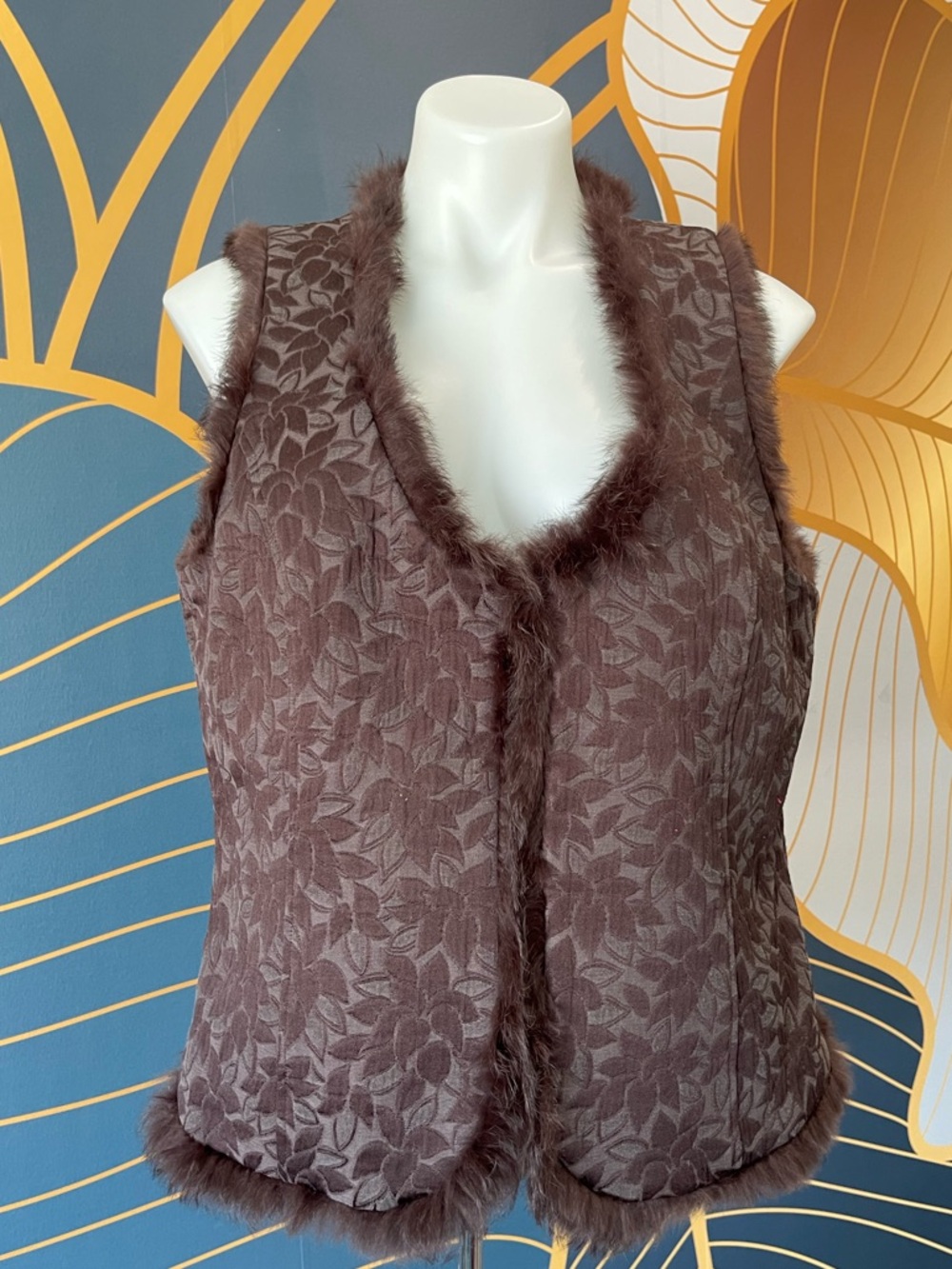Brocade Vest with frog closures and rabbit hair trim.